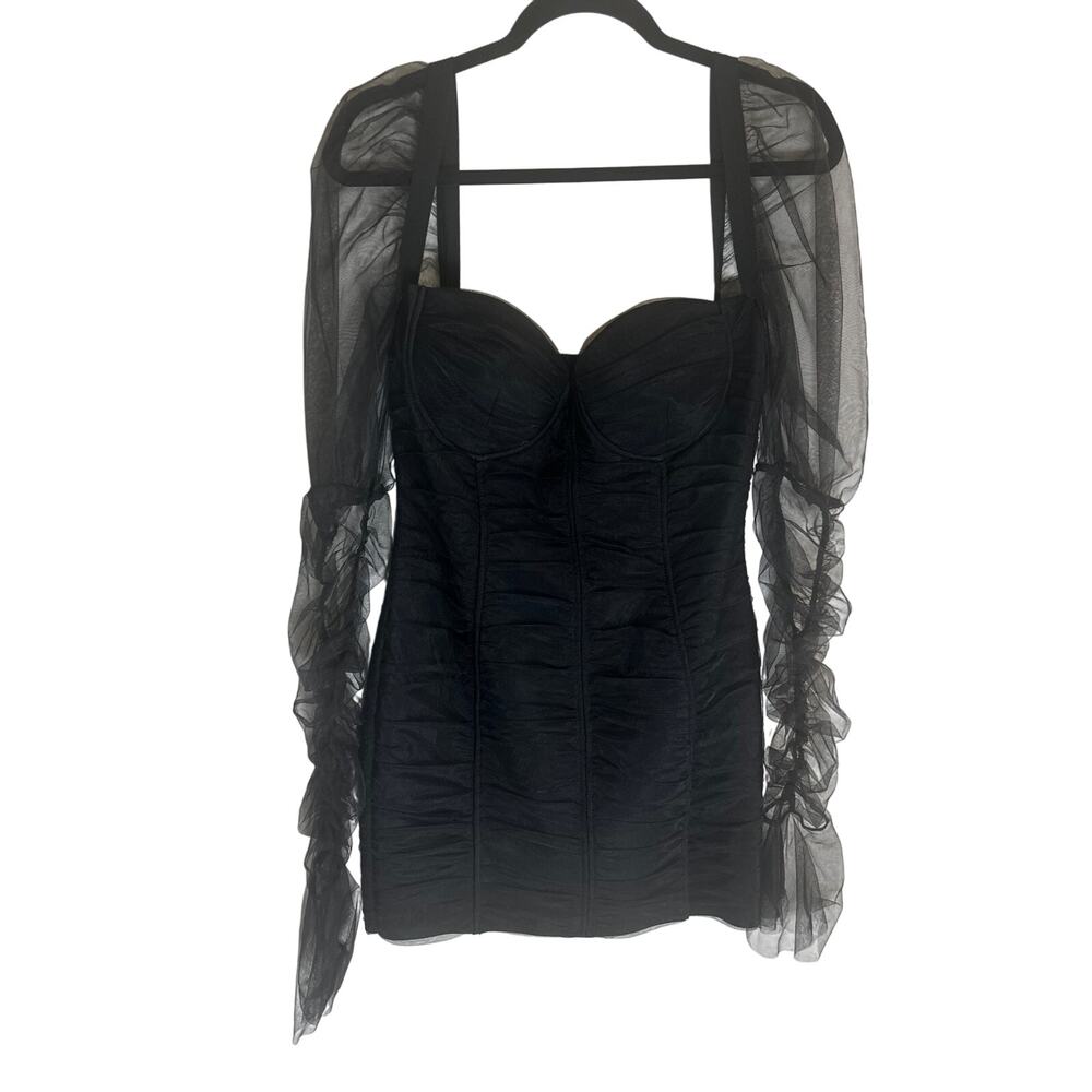 Donnée Par Dieu Women's Sheer Sleeve Ruched Mini Dress Black Elegant Partywear M